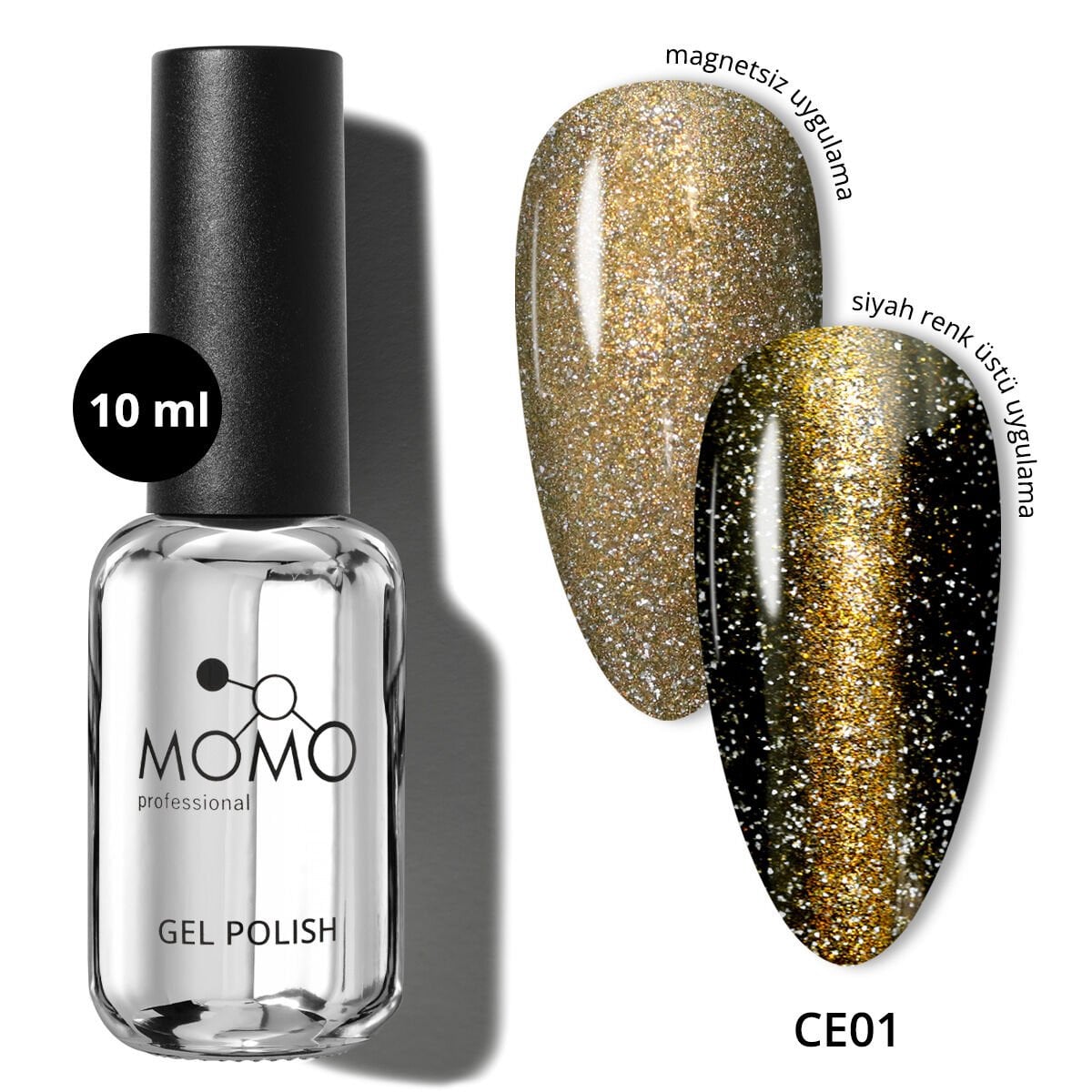 Momo Professional Crystal Cat Eye Kristal Kedi Gözü Kalıcı Oje CE01 Yarı Şeffaf, Altın (10ml)