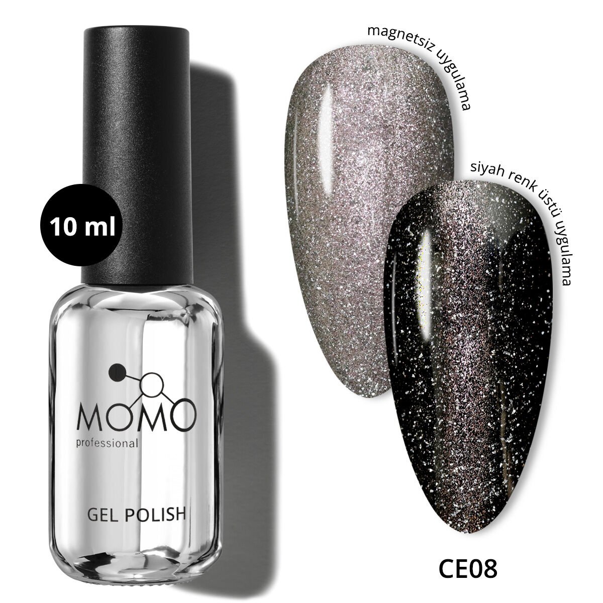 Momo Professional Crystal Cat Eye Kristal Kedi Gözü Kalıcı Oje CE08 Yarı Şeffaf, Gümüş (10ml)