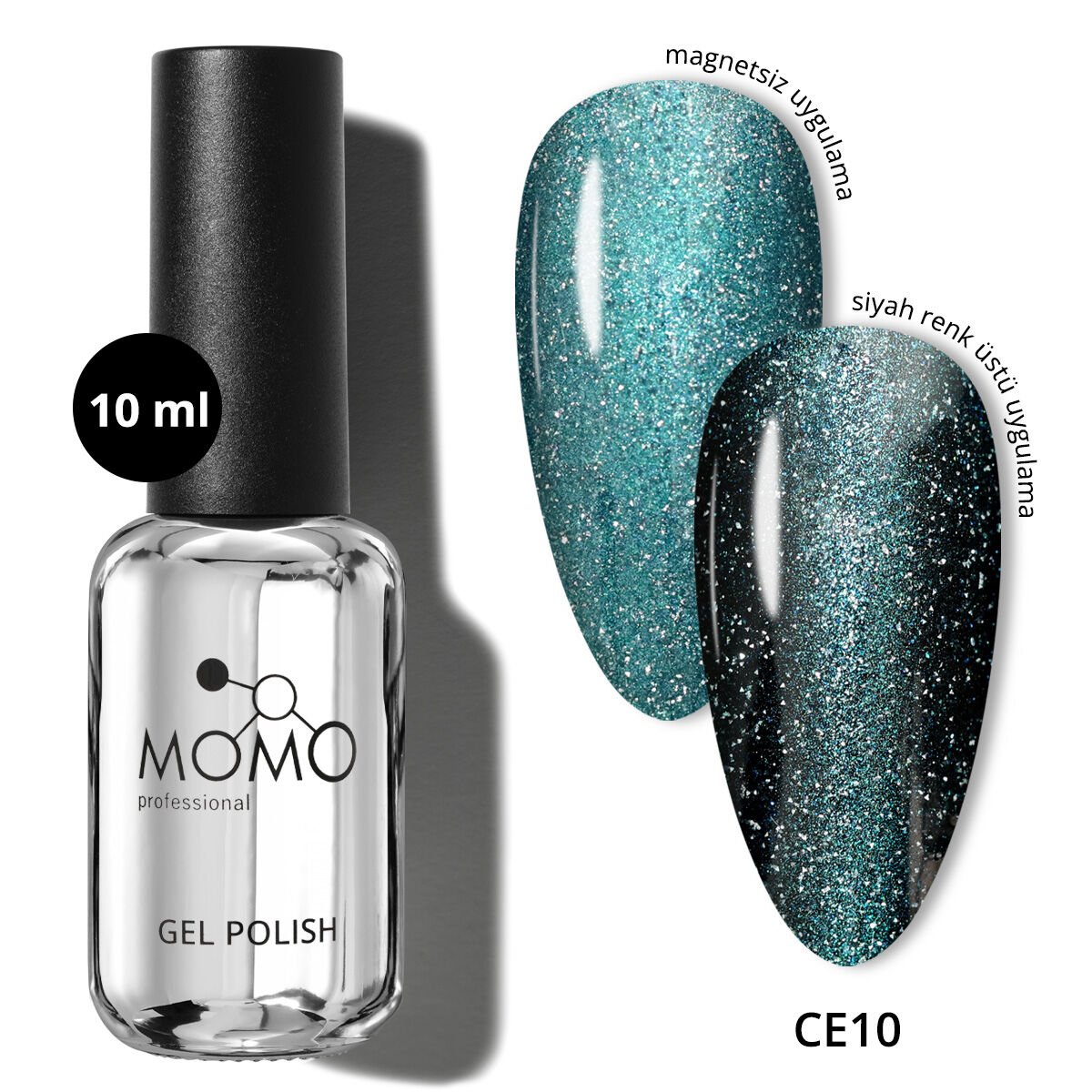 Momo Professional Crystal Cat Eye Kristal Kedi Gözü Kalıcı Oje CE10 Yarı Şeffaf, Koyu Turkuaz (10ml)