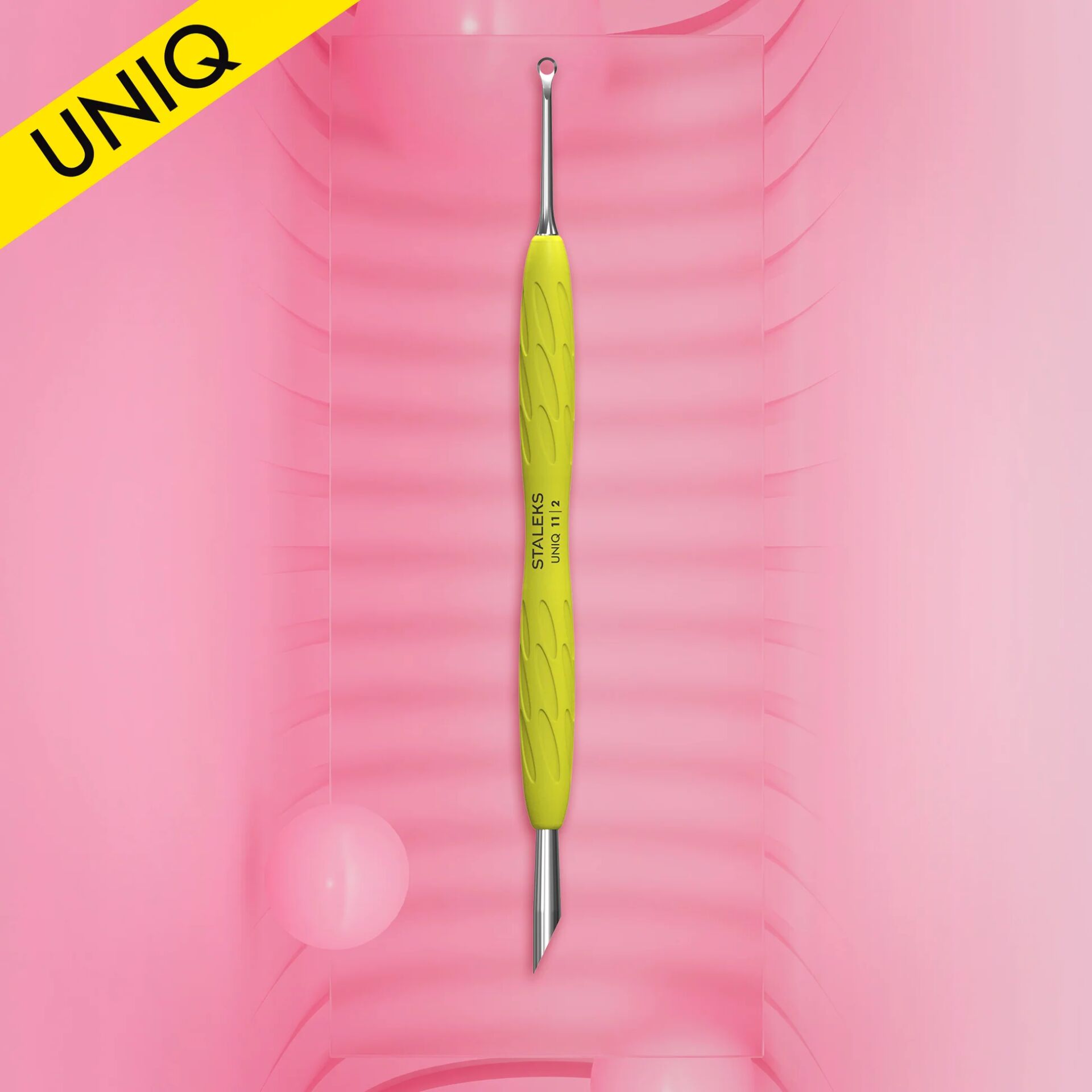 Staleks UNIQ 11 Type 2 Gummy Sarı Silikon Saplı Tırnak İtici (Eğik Uç Ve Halka)
