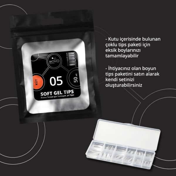 Momo Professional Soft Gel Tips, Yeni Nesil Jel Tipsi, Küt No:05, Tek Boy 50’li Yedek Paket
