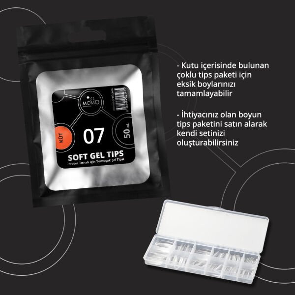 Momo Professional Soft Gel Tips, Yeni Nesil Jel Tipsi, Küt No:07, Tek Boy 50’li Yedek Paket