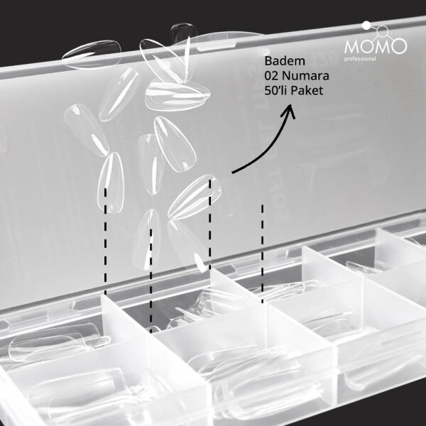 Momo Professional Soft Gel Tips, Yeni Nesil Jel Tips, Badem No:02, Tek Boy 50’li Yedek Paket