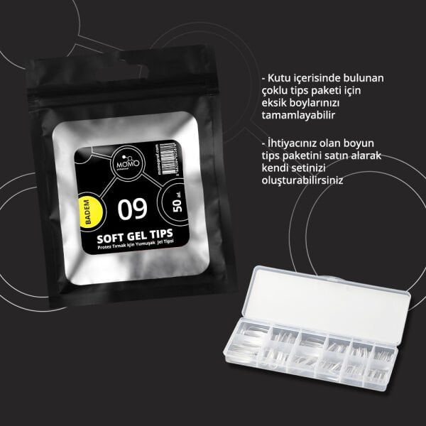 Momo Professional Soft Gel Tips, Yeni Nesil Jel Tips, Badem No:09, Tek Boy 50’li Yedek Paket