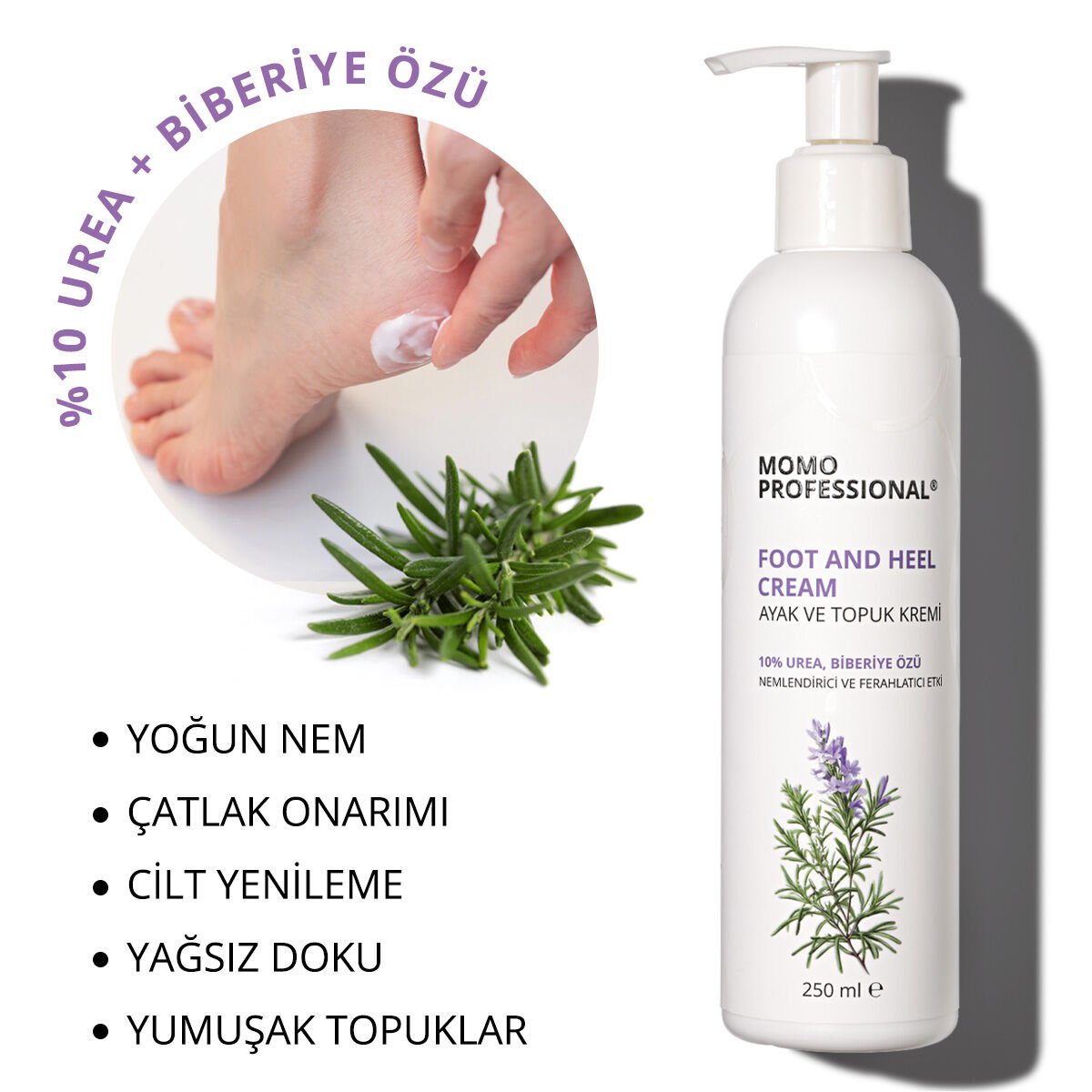 Momo Professional Ayak ve Topuk Kremi %10 Üreli, Biberiye Özlü, Yoğun Nemlendirici Bakım Kremi, 250 ml