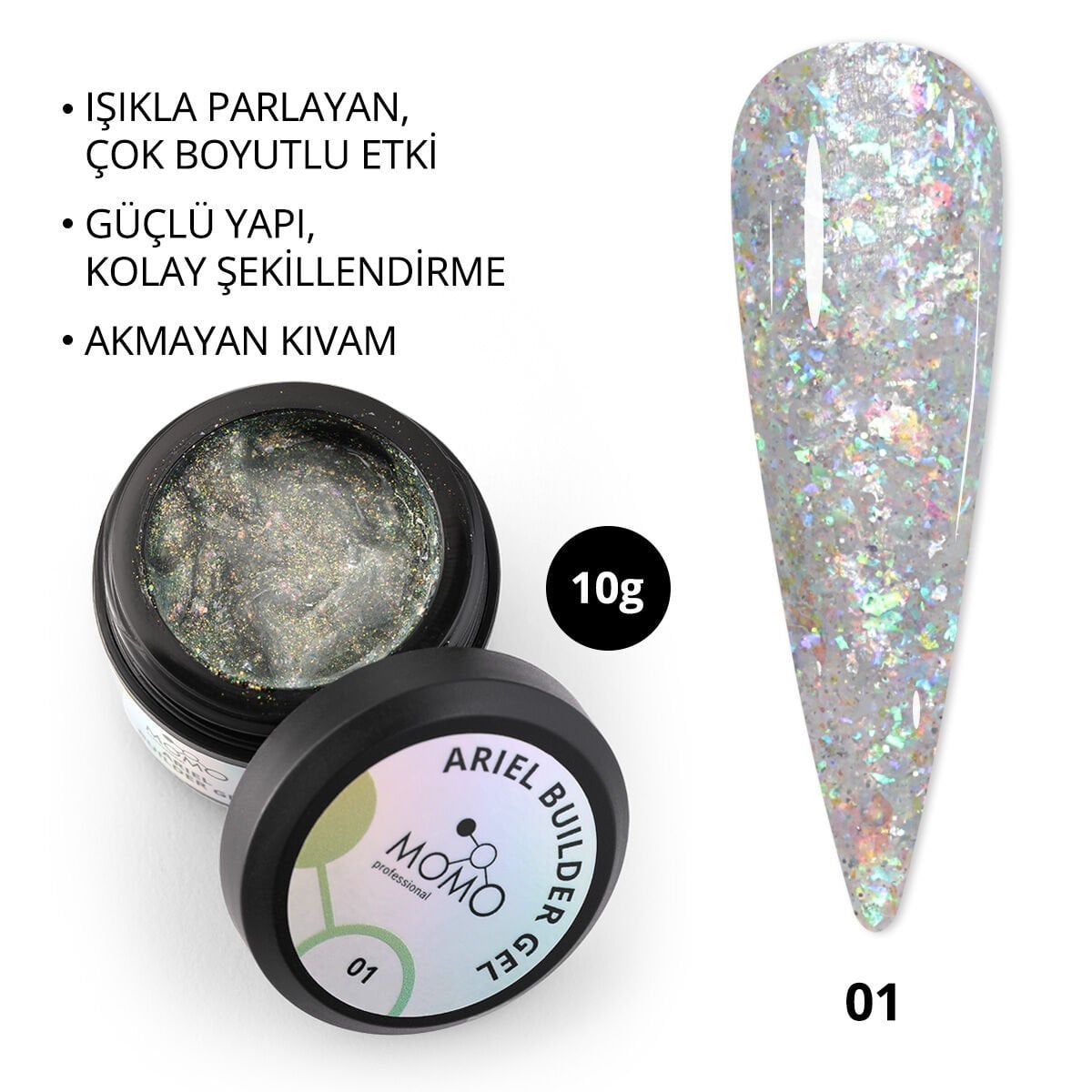 Momo Professional Ariel Builder Gel, Nail Art için Protez Tırnak Jeli No.01, Şeffaf Holografik Yeşil Sarı Simli, 10 gr