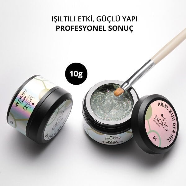 Momo Professional Ariel Builder Gel, Nail Art için Protez Tırnak Jeli No.01, Şeffaf Holografik Yeşil Sarı Simli, 10 gr