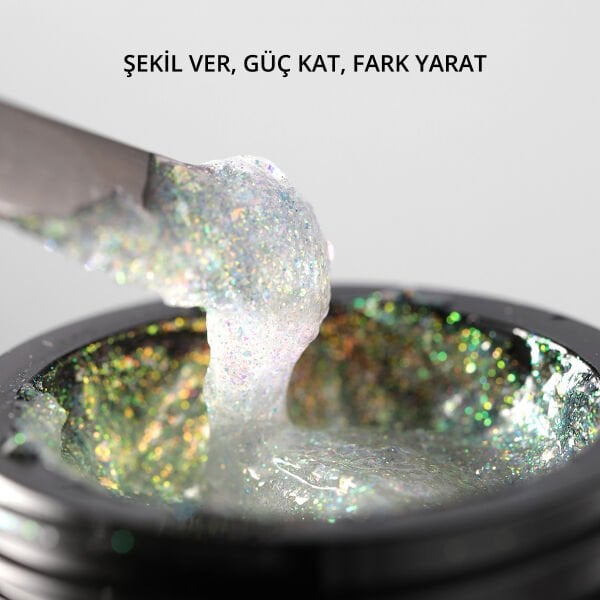 Momo Professional Ariel Builder Gel, Nail Art için Protez Tırnak Jeli No.01, Şeffaf Holografik Yeşil Sarı Simli, 10 gr