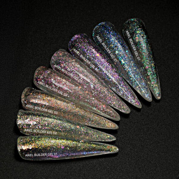 Momo Professional Ariel Builder Gel, Nail Art için Protez Tırnak Jeli No.01, Şeffaf Holografik Yeşil Sarı Simli, 10 gr