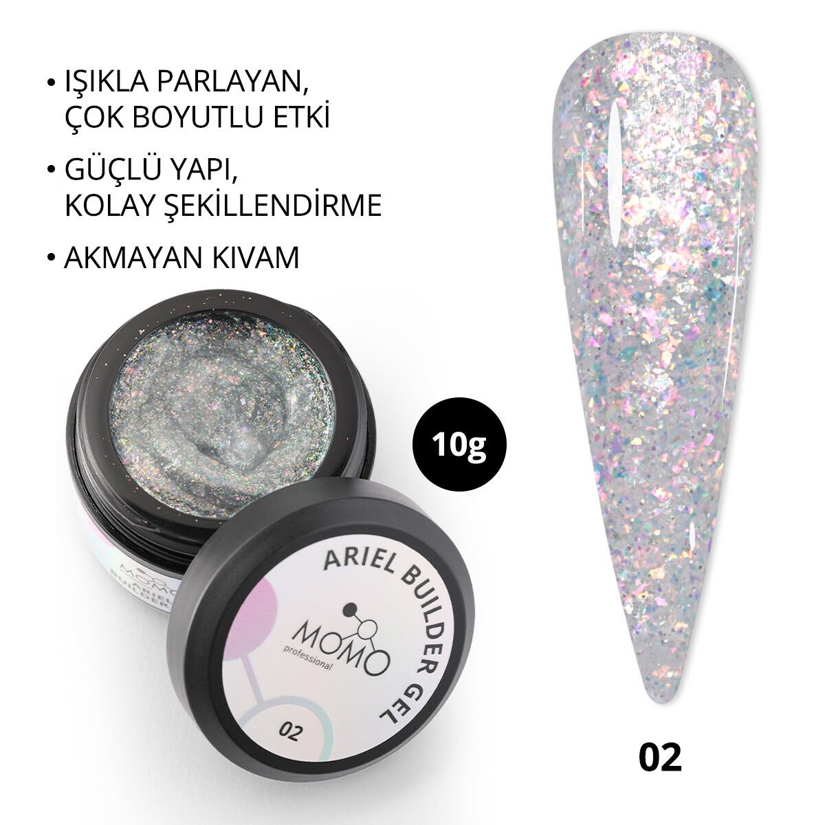 Momo Professional Ariel Builder Gel, Nail Art için Protez Tırnak Jeli No.02, Şeffaf Holografik Pembe Yeşil Simli, 10 gr