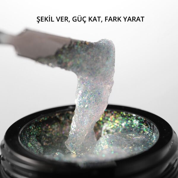 Momo Professional Ariel Builder Gel, Nail Art için Protez Tırnak Jeli No.02, Şeffaf Holografik Pembe Yeşil Simli, 10 gr