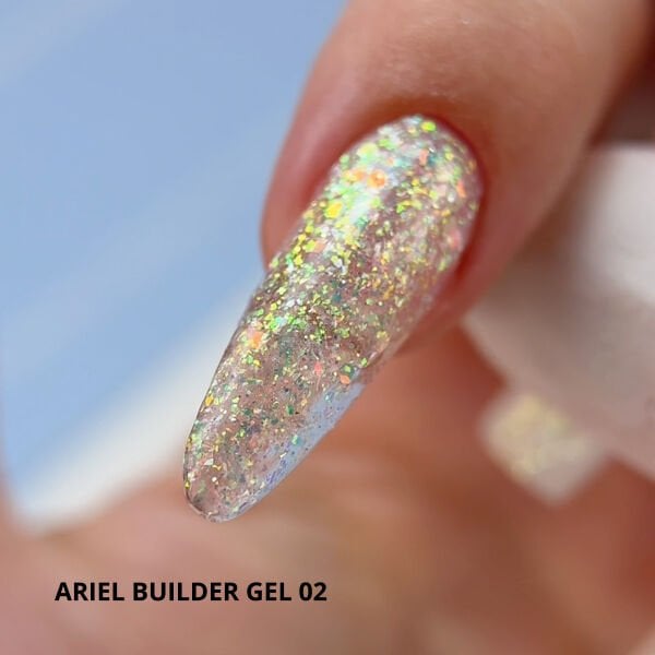 Momo Professional Ariel Builder Gel, Nail Art için Protez Tırnak Jeli No.02, Şeffaf Holografik Pembe Yeşil Simli, 10 gr