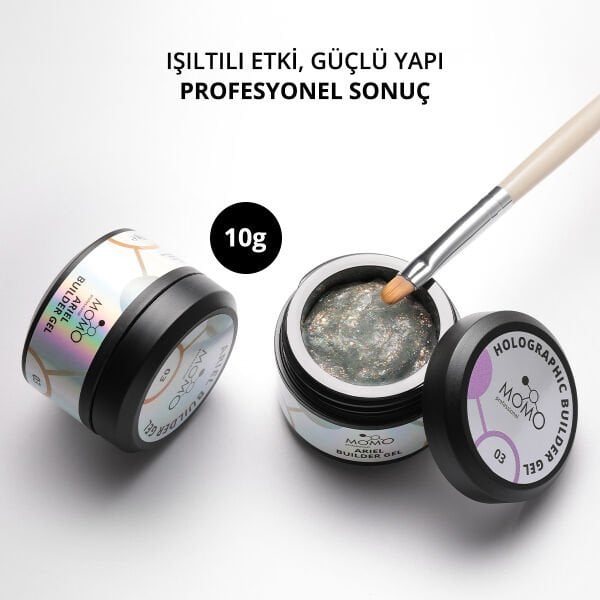 Momo Professional Ariel Builder Gel, Nail Art için Protez Tırnak Jeli No.03, Şeffaf Holografik Turuncu Sarı Simli, 10 gr
