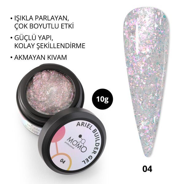Momo Professional Ariel Builder Gel, Nail Art için Protez Tırnak Jeli No.04, Şeffaf Holografik Pembe Sarı Simli, 10 gr