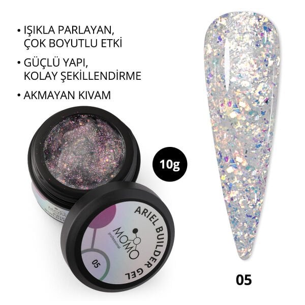 Momo Professional Ariel Builder Gel, Nail Art için Protez Tırnak Jeli No.05, Şeffaf Holografik Pembe Mavi Simli, 10 gr