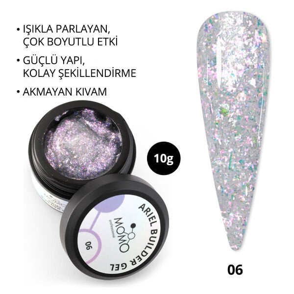 Momo Professional Ariel Builder Gel, Nail Art için Protez Tırnak Jeli No.06, Şeffaf Holografik Pembe Lila Simli, 10 gr