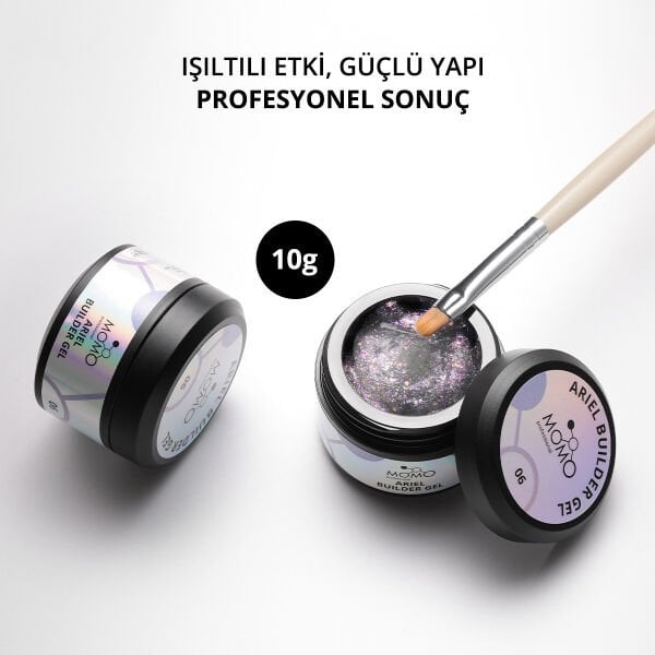 Momo Professional Ariel Builder Gel, Nail Art için Protez Tırnak Jeli No.06, Şeffaf Holografik Pembe Lila Simli, 10 gr