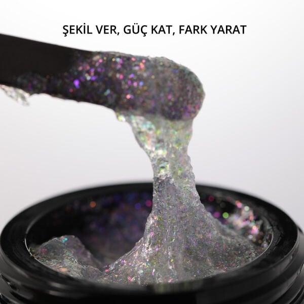 Momo Professional Ariel Builder Gel, Nail Art için Protez Tırnak Jeli No.06, Şeffaf Holografik Pembe Lila Simli, 10 gr