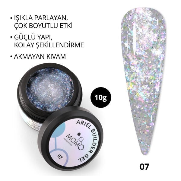 Momo Professional Ariel Builder Gel, Nail Art için Protez Tırnak Jeli No.07, Şeffaf Holografik Mavi Mor Simli, 10 gr