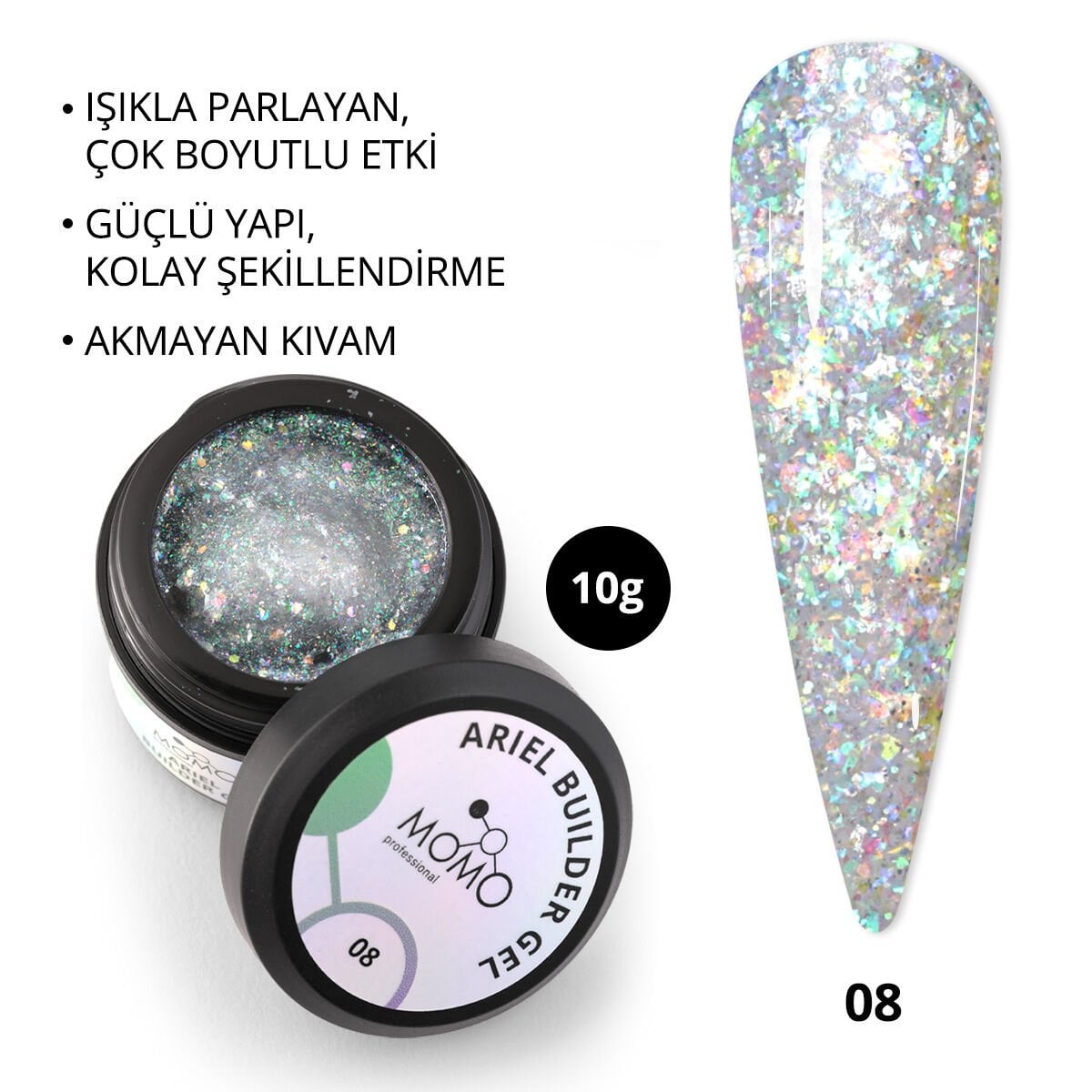 Momo Professional Ariel Builder Gel, Nail Art için Protez Tırnak Jeli No.08, Şeffaf Holografik Yeşil Lila Simli, 10 gr