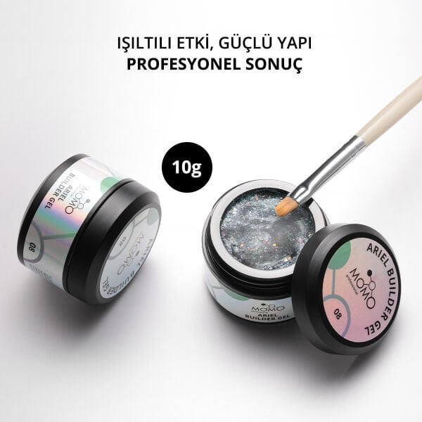 Momo Professional Ariel Builder Gel, Nail Art için Protez Tırnak Jeli No.08, Şeffaf Holografik Yeşil Lila Simli, 10 gr