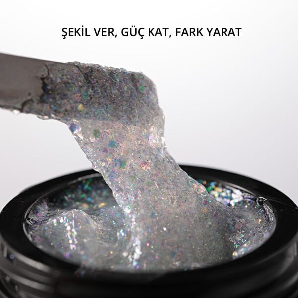 Momo Professional Ariel Builder Gel, Nail Art için Protez Tırnak Jeli No.08, Şeffaf Holografik Yeşil Lila Simli, 10 gr