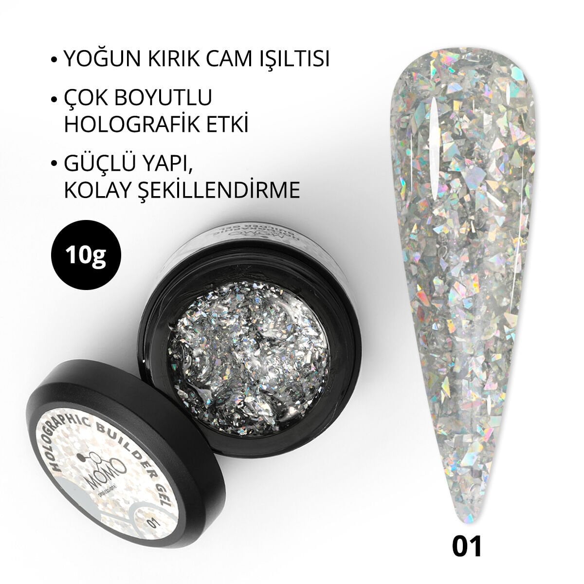 Momo Professional Holographic Builder Gel, Nail Art için Protez Tırnak Jeli No.01, Glitter Gümüş Simli, 10 gr
