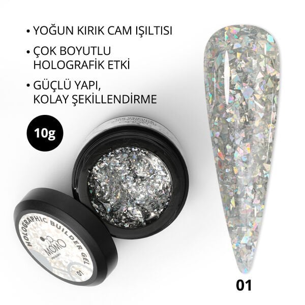 Momo Professional Holographic Builder Gel, Nail Art için Protez Tırnak Jeli No.01, Glitter Gümüş Simli, 10 gr