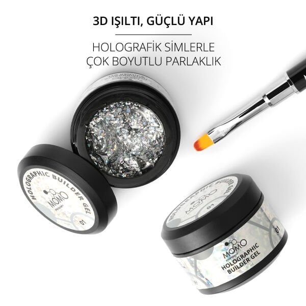 Momo Professional Holographic Builder Gel, Nail Art için Protez Tırnak Jeli No.01, Glitter Gümüş Simli, 10 gr