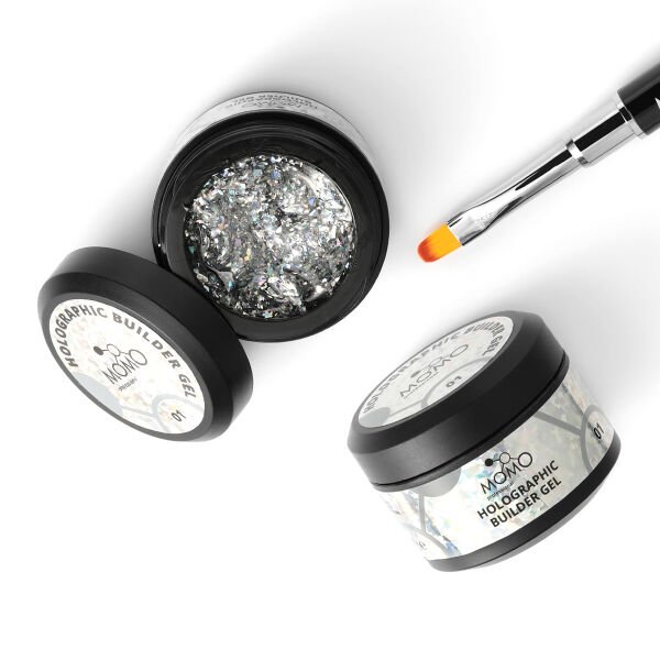Momo Professional Holographic Builder Gel, Nail Art için Protez Tırnak Jeli No.01, Glitter Gümüş Simli, 10 gr