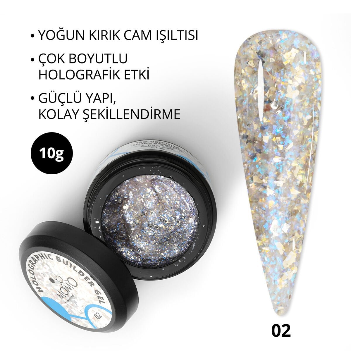 Momo Professional Holographic Builder Gel, Nail Art için Protez Tırnak Jeli No.02, Glitter Mavi Simli, 10 gr