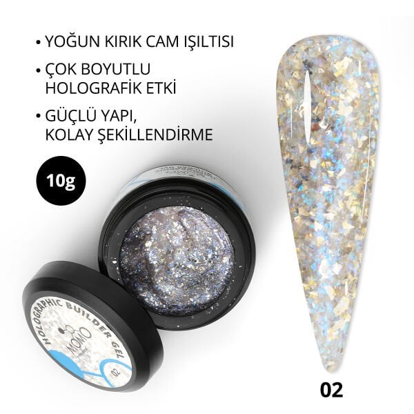 Momo Professional Holographic Builder Gel, Nail Art için Protez Tırnak Jeli No.02, Glitter Mavi Simli, 10 gr