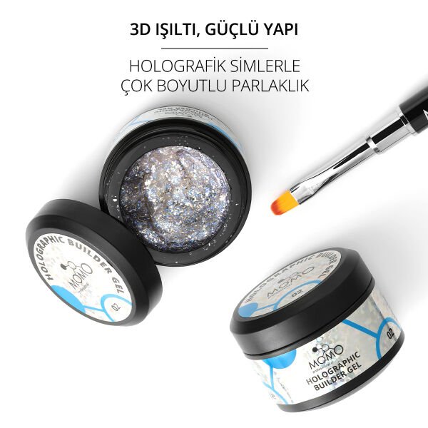 Momo Professional Holographic Builder Gel, Nail Art için Protez Tırnak Jeli No.02, Glitter Mavi Simli, 10 gr