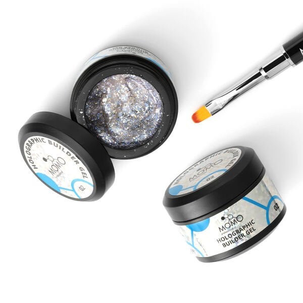 Momo Professional Holographic Builder Gel, Nail Art için Protez Tırnak Jeli No.02, Glitter Mavi Simli, 10 gr