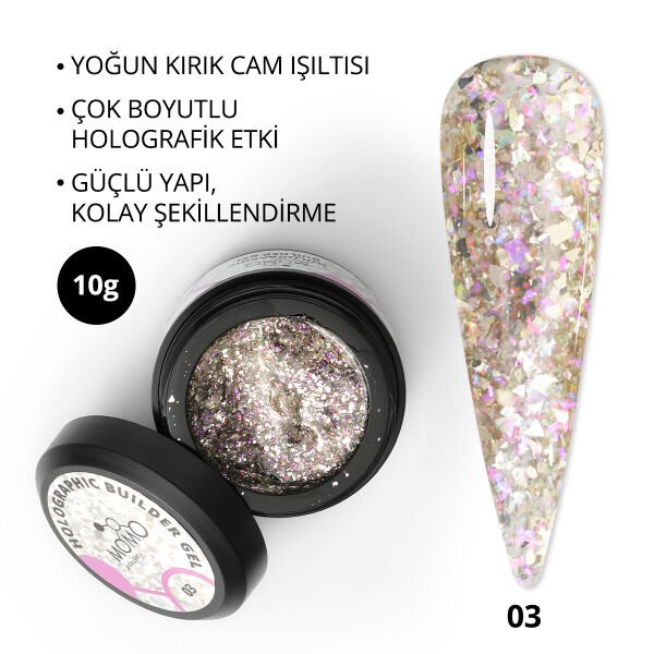 Momo Professional Holographic Builder Gel, Nail Art için Protez Tırnak Jeli No.03, Glitter Pembe Simli, 10 gr