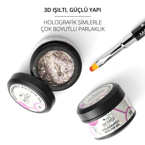 Momo Professional Holographic Builder Gel, Nail Art için Protez Tırnak Jeli No.03, Glitter Pembe Simli, 10 gr