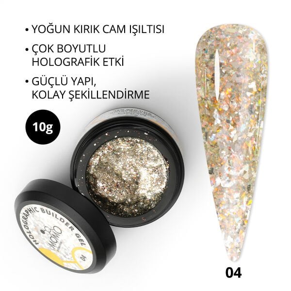 Momo Professional Holographic Builder Gel, Nail Art için Protez Tırnak Jeli No.04, Glitter Sarı Simli, 10 gr