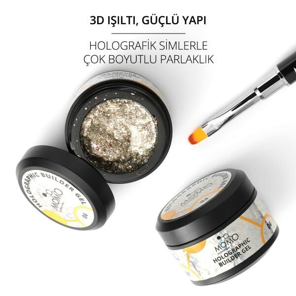 Momo Professional Holographic Builder Gel, Nail Art için Protez Tırnak Jeli No.04, Glitter Sarı Simli, 10 gr