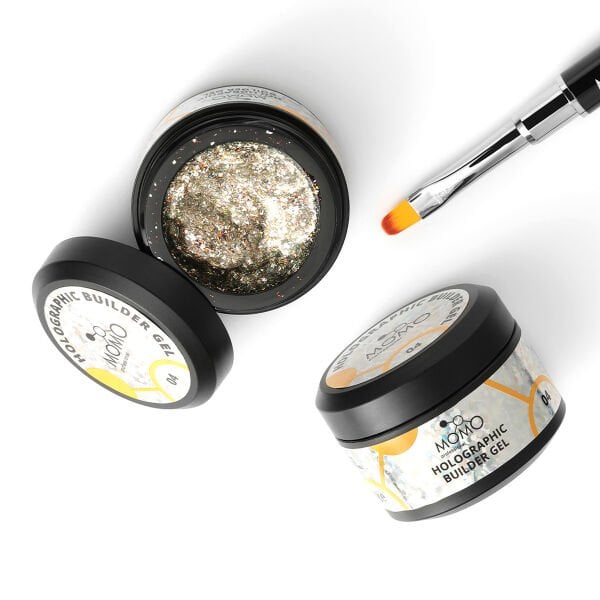 Momo Professional Holographic Builder Gel, Nail Art için Protez Tırnak Jeli No.04, Glitter Sarı Simli, 10 gr