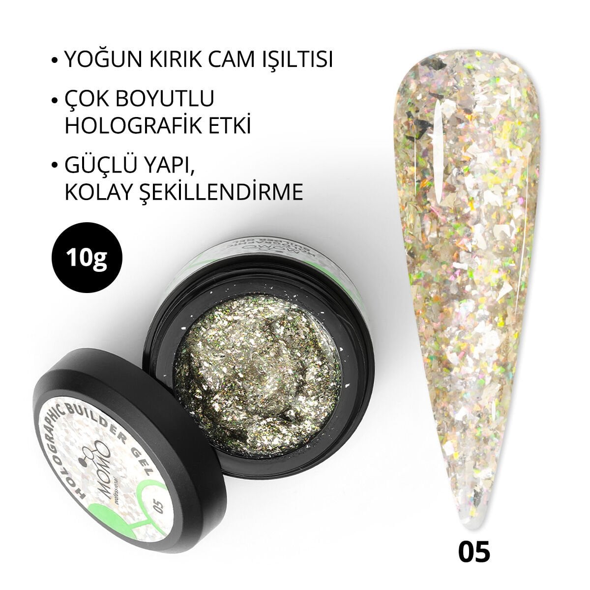 Momo Professional Holographic Builder Gel, Nail Art için Protez Tırnak Jeli No.05, Glitter Yeşil Simli, 10 gr
