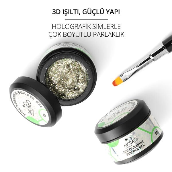 Momo Professional Holographic Builder Gel, Nail Art için Protez Tırnak Jeli No.05, Glitter Yeşil Simli, 10 gr