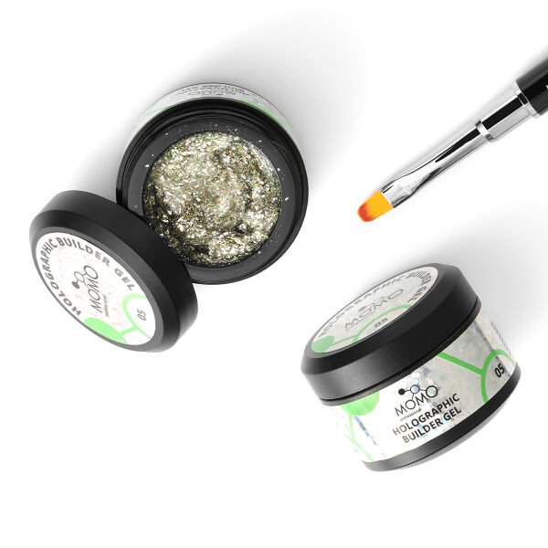 Momo Professional Holographic Builder Gel, Nail Art için Protez Tırnak Jeli No.05, Glitter Yeşil Simli, 10 gr