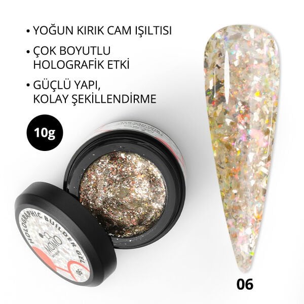 Momo Professional Holographic Builder Gel, Nail Art için Protez Tırnak Jeli No.06, Glitter Turuncu Simli, 10 gr